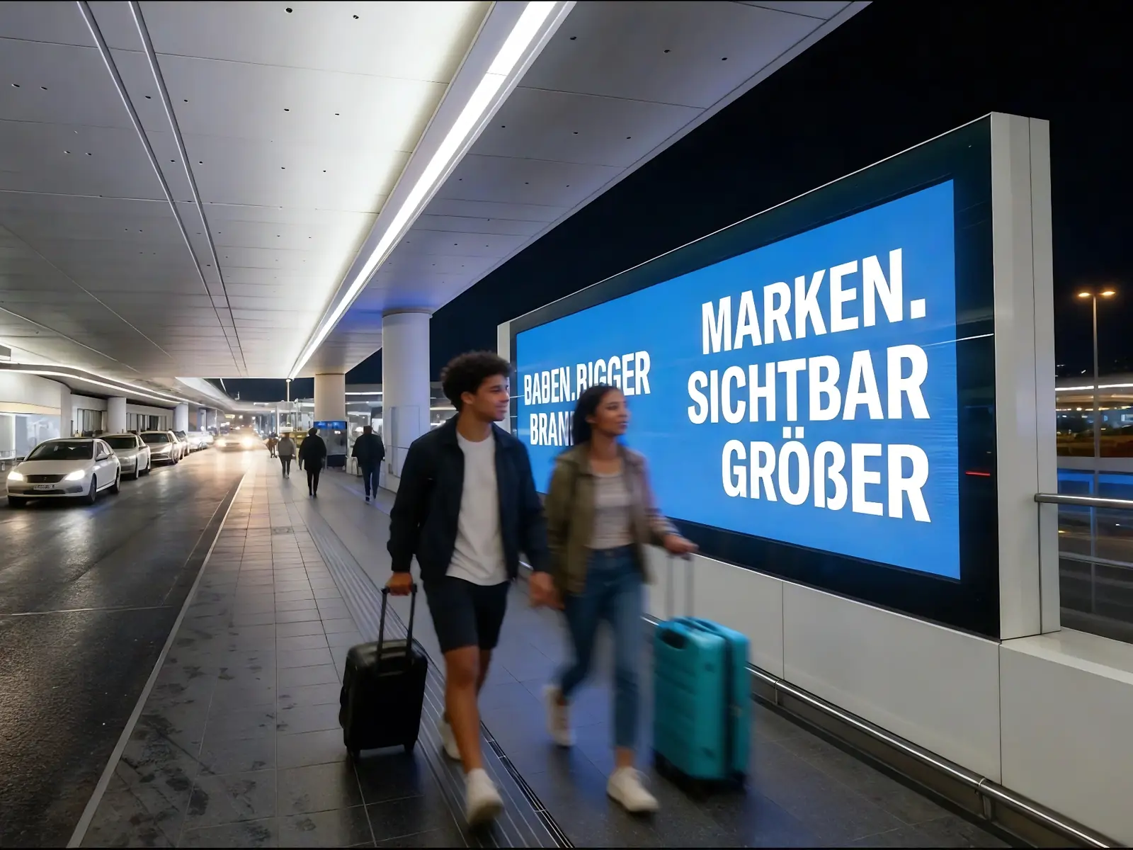 Blaue BABEN-Digital-Screen-Kampagne an der Flughafen-Außenanlage